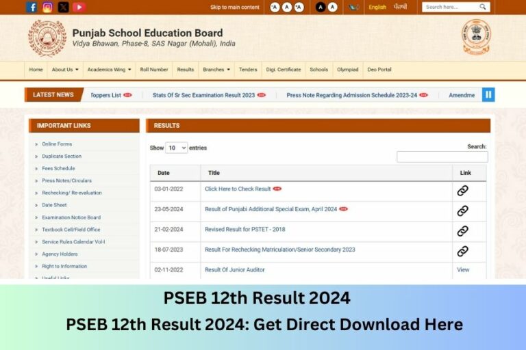 Punjab School Education Board (PSEB) 12th Result 2024: Click Here for Direct Download