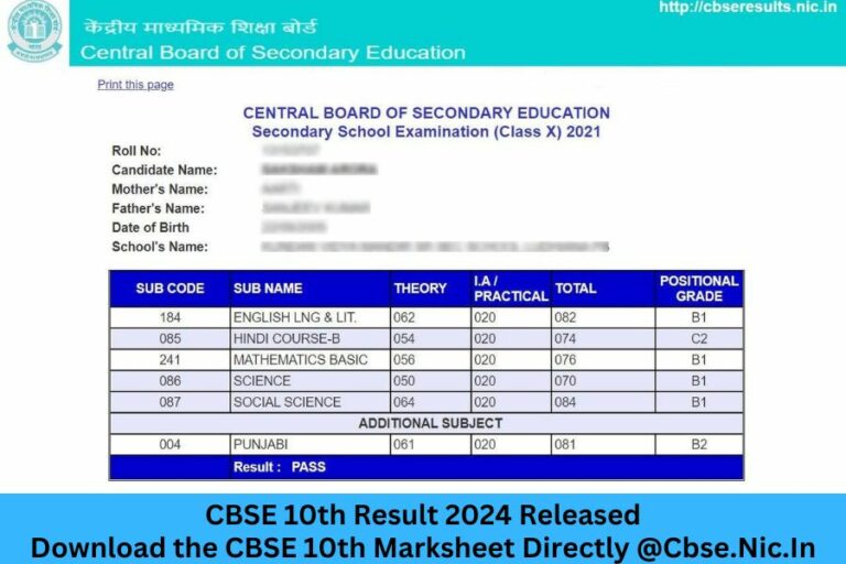 CBSE 10th Result 2024 Released: Download the CBSE 10th Marksheet Directly @Cbse.Nic.In